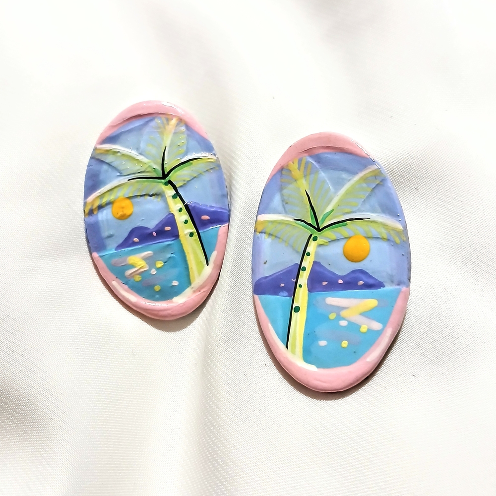 Vintage Handmade Hand Painted Tropical Palm Tree Beach Post Earrings